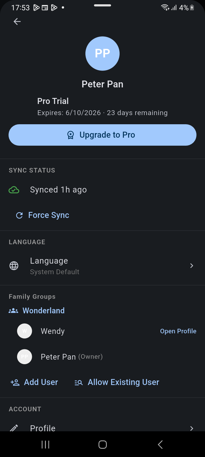 Account Panel overview displaying primary profile, subscription tier, sync status, and Family Groups roster