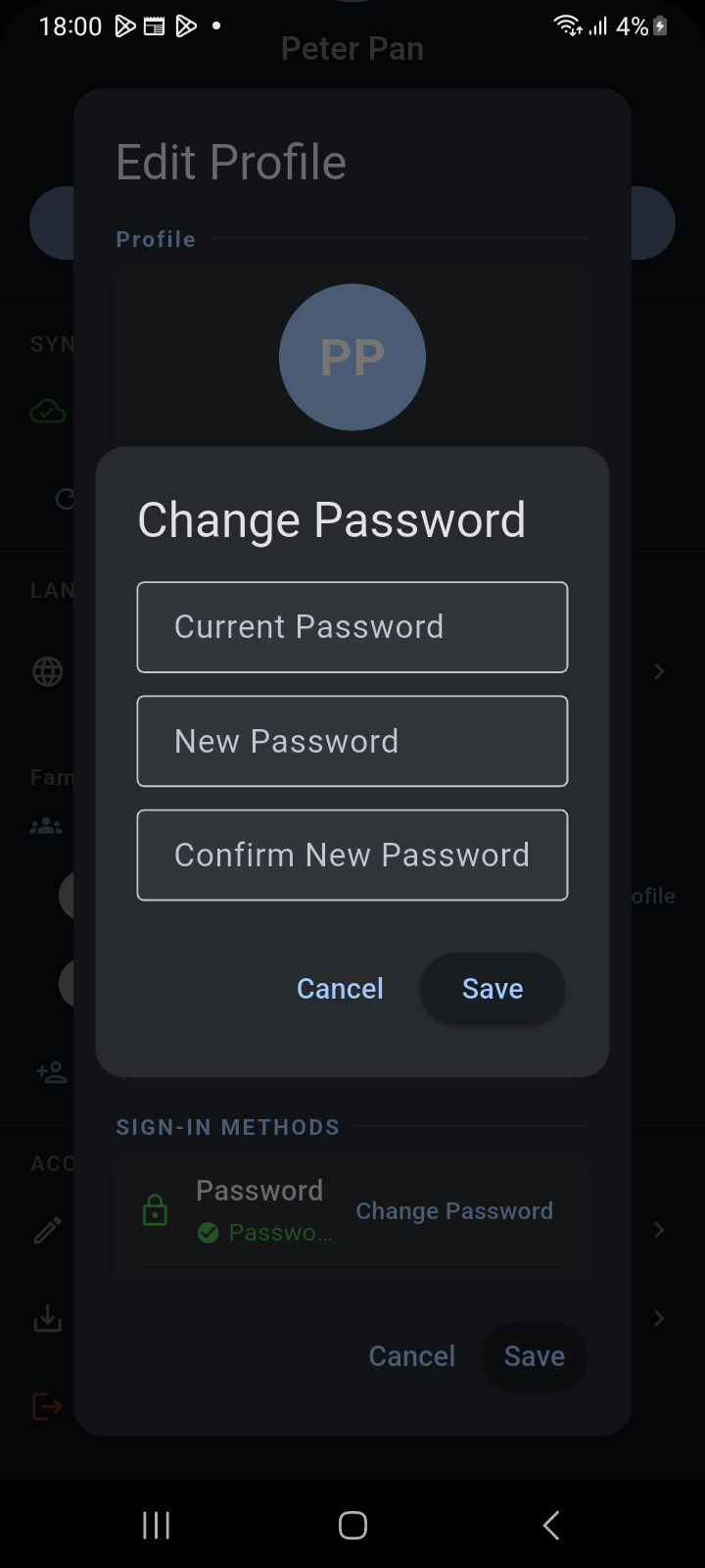 Change Password modal prompting for Current Password, New Password, and Confirm New Password