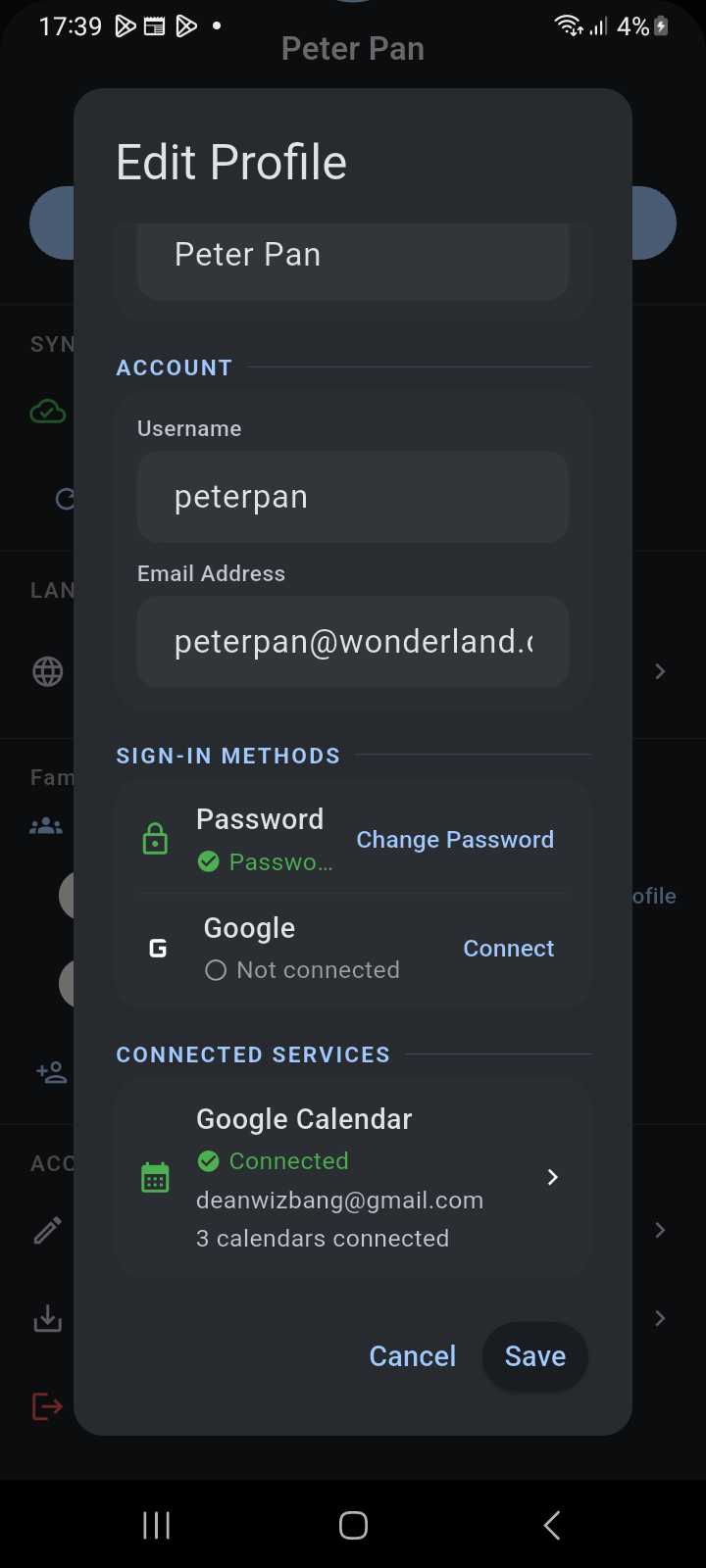 Scrolled Edit Profile dialog showing Google identity connection status and Connected Services tile