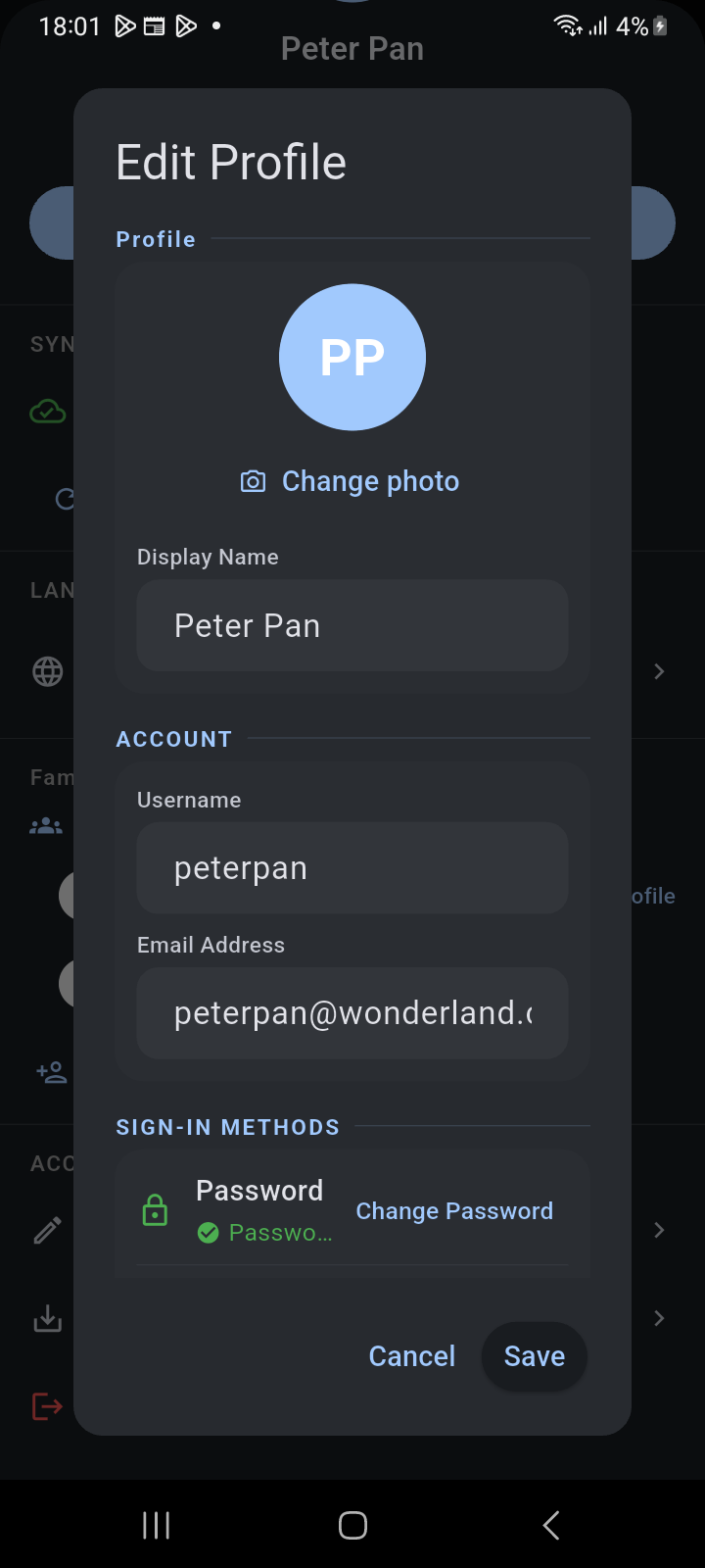 Edit Profile dialog displaying user avatar, Change photo action, Display Name, Username, Email Address, and Sign-in Methods