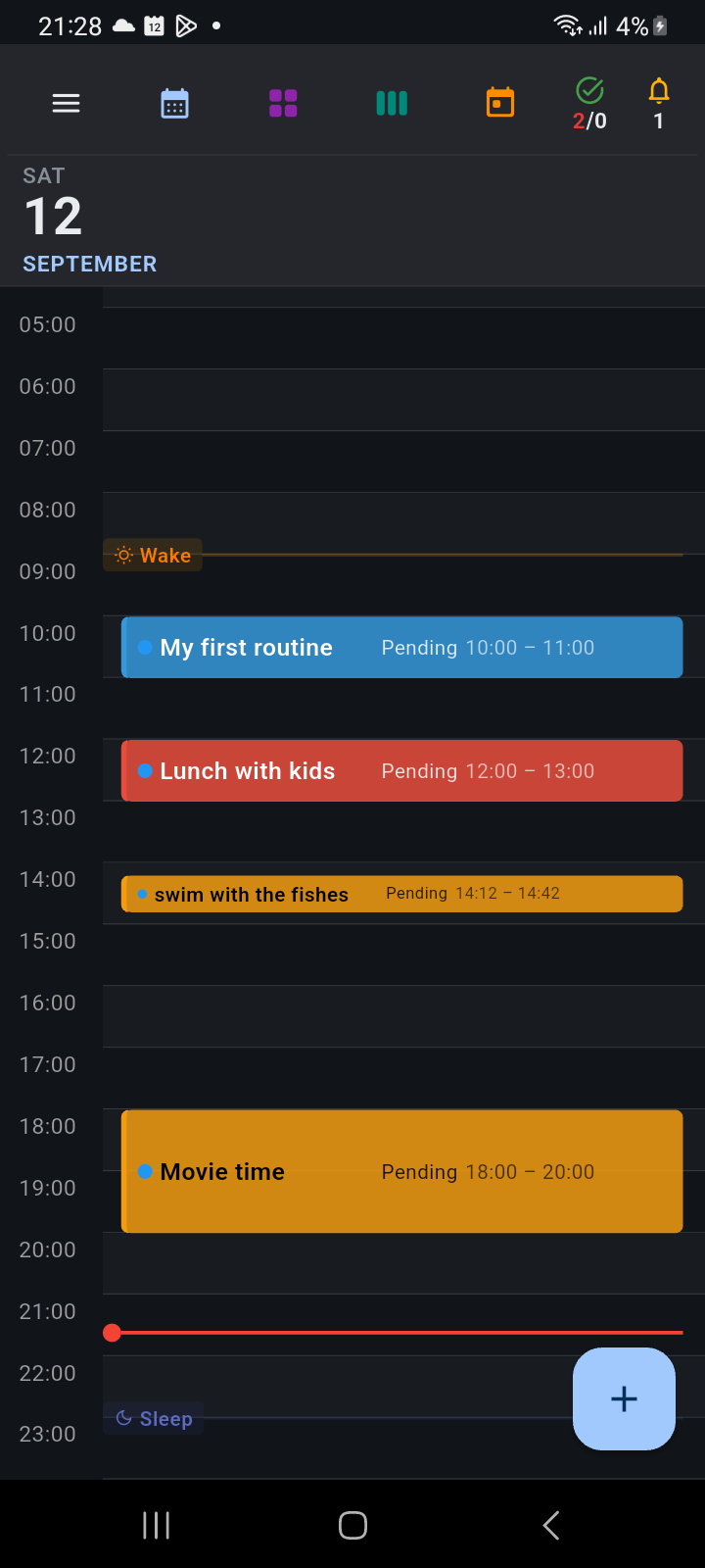Day View timeline showing scheduled events, circadian wake and sleep horizon markers, and live red time line
