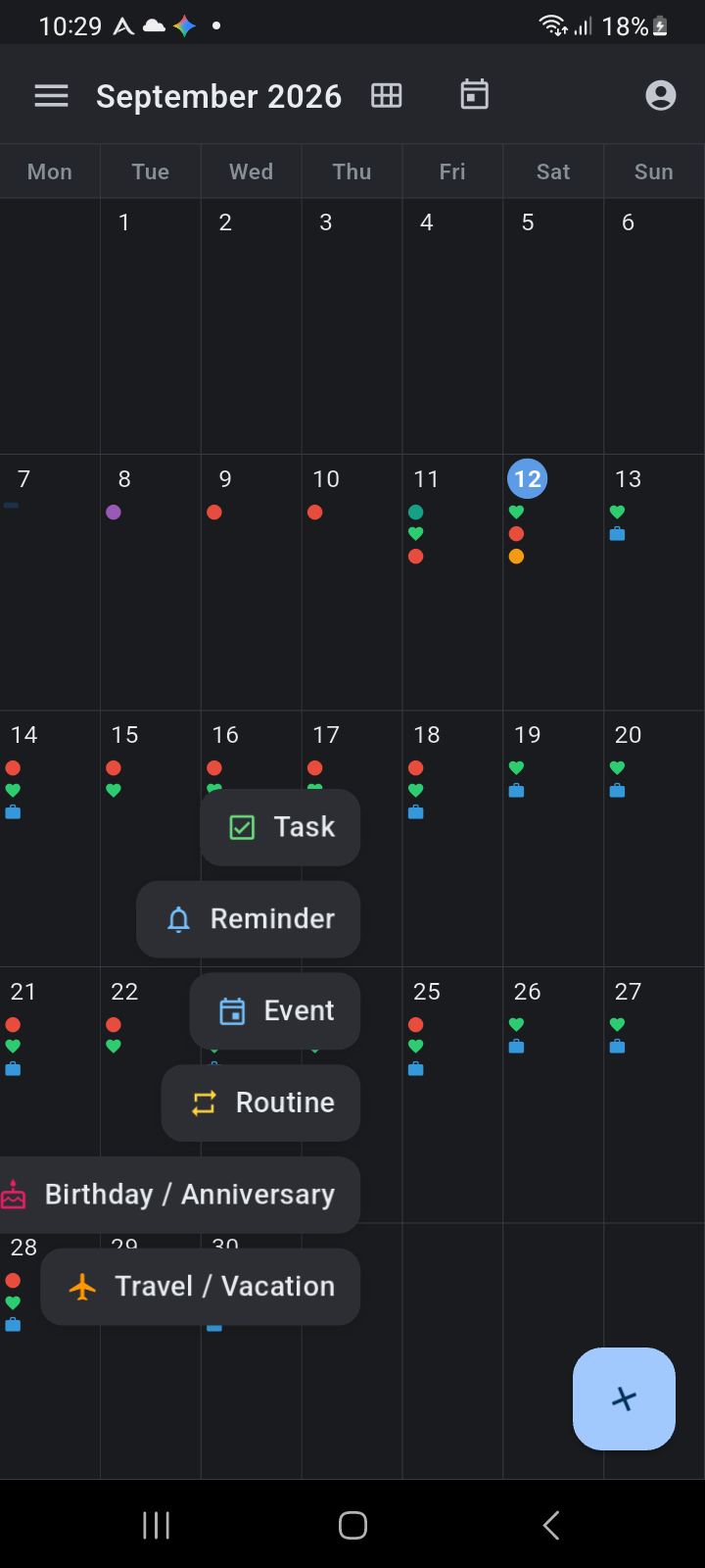 The Quick-Add Floating Action Button expanded into 6 creation options over Month View