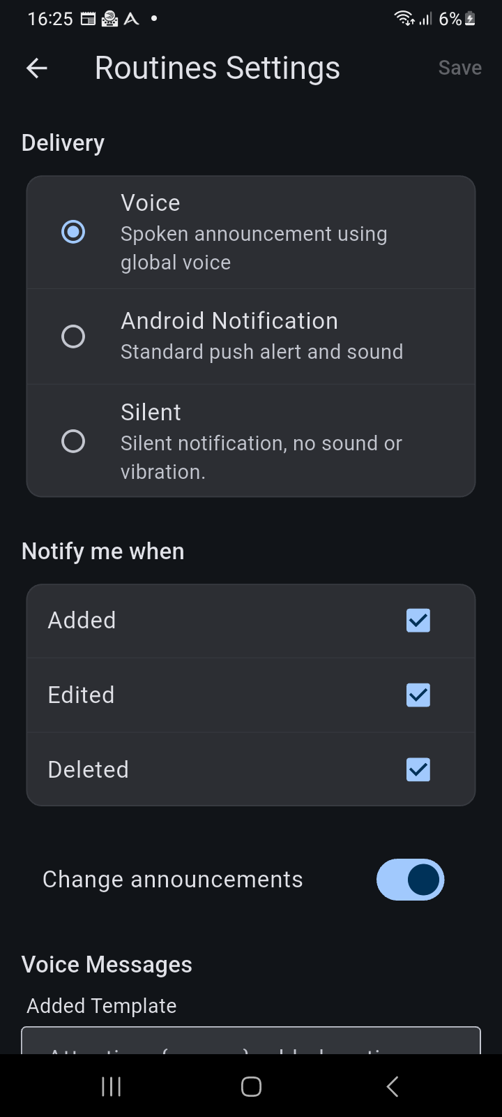 Entity notification settings showing Delivery Mode selection, event trigger checkboxes, and customizable speech templates