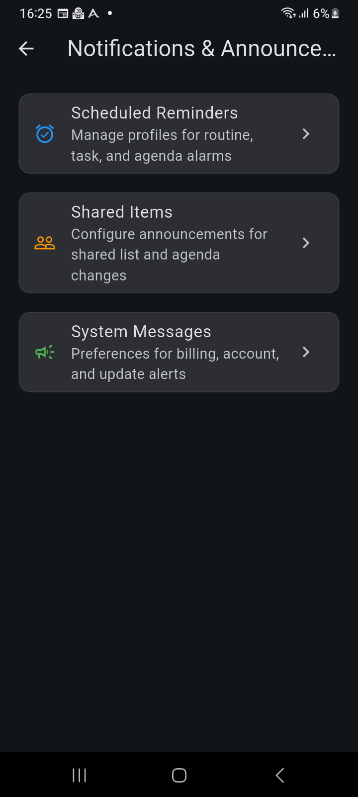 Notifications and Announcements settings hub organizing Scheduled Reminders, Shared Items, and System Messages