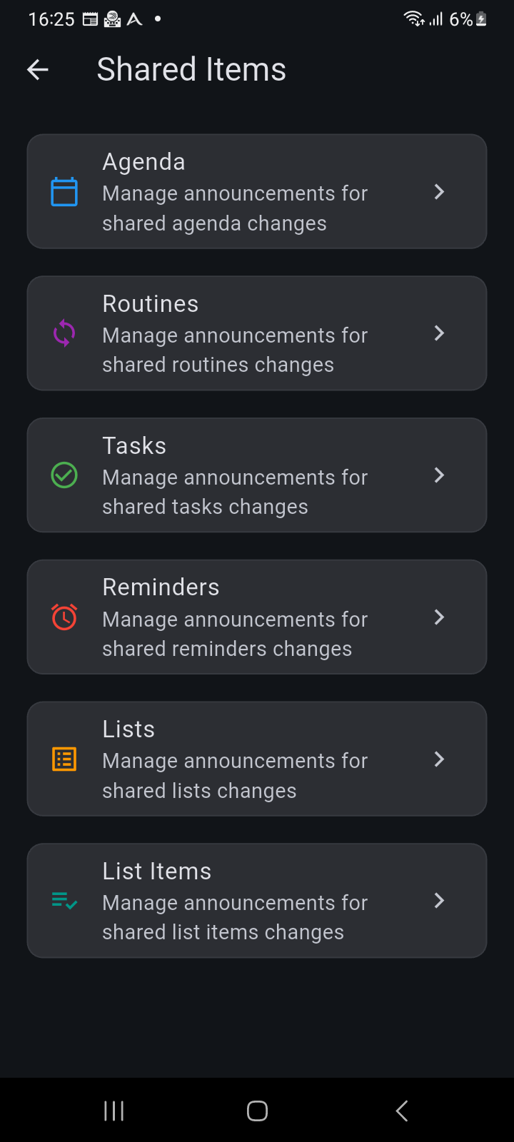 Shared Items screen listing all configurable shared entity categories