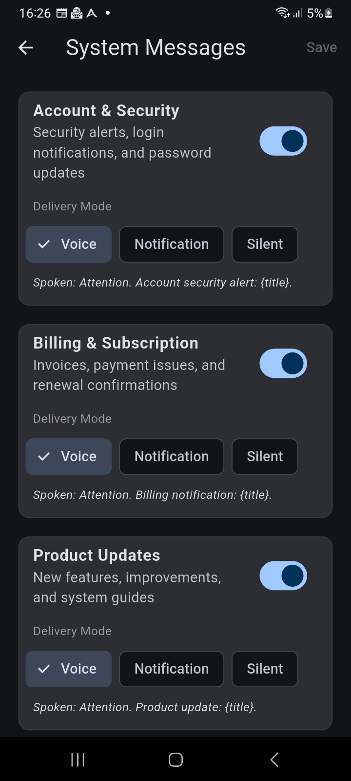 System Messages settings screen displaying category cards, master switches, delivery mode chips, and spoken phrase previews