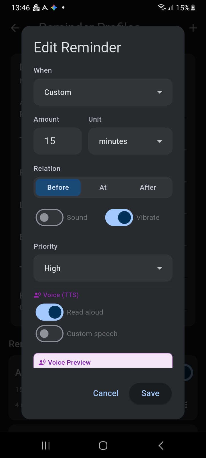 Ancora Edit Reminder offset dialog showing when, relation, sound, vibrate, priority, and voice TTS settings