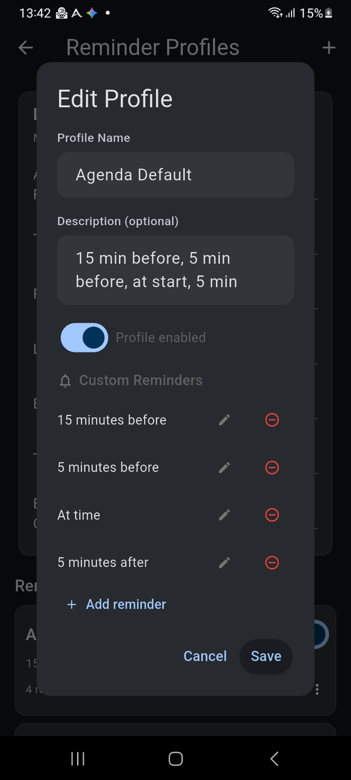 Ancora Edit Profile dialog showing name, description, master toggle, and chained custom reminders