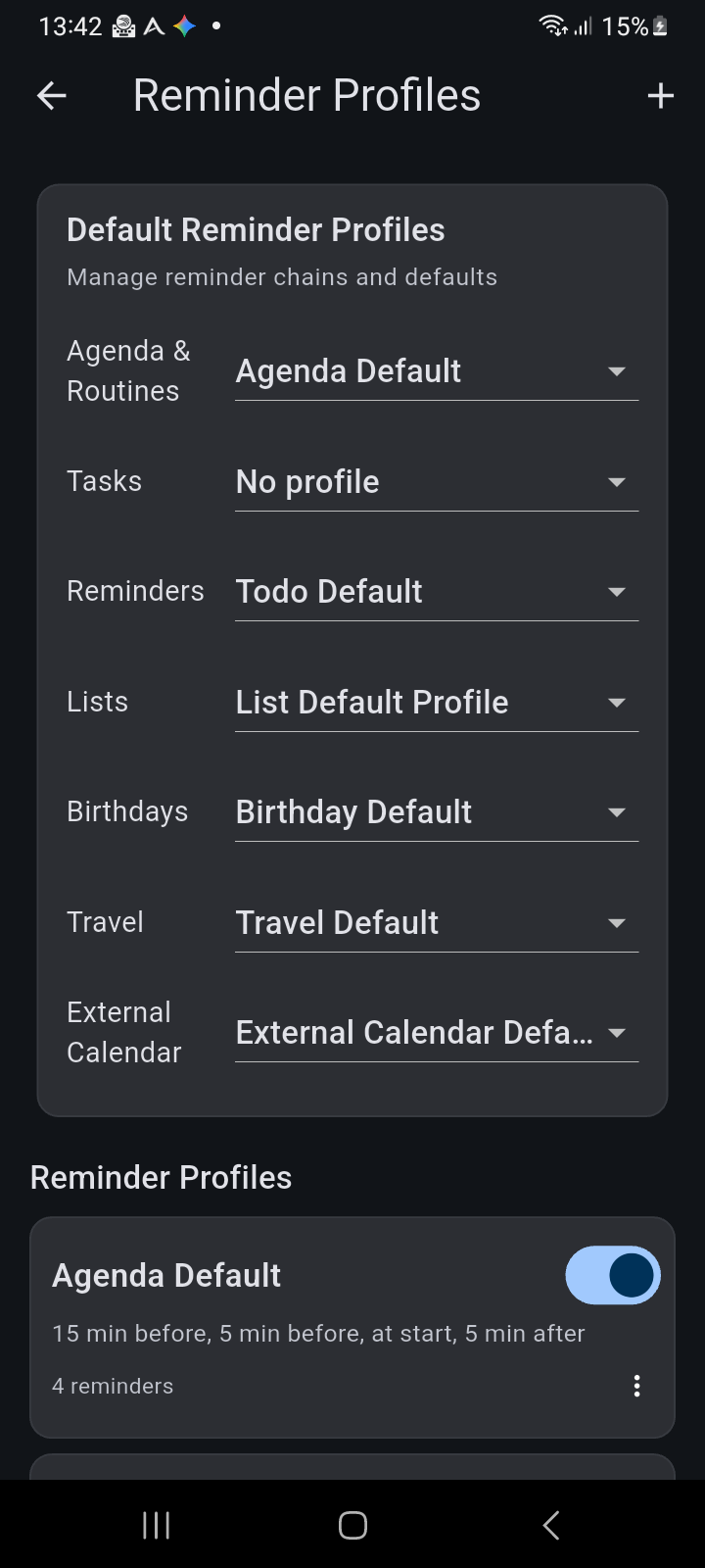 Ancora Reminder Profiles screen displaying default profile assignments and custom profile cards