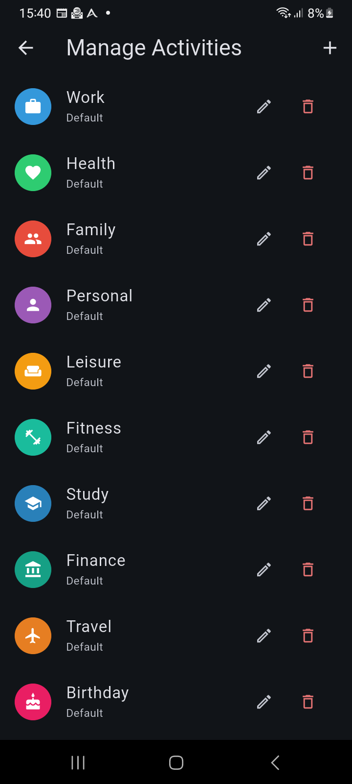 Ancora Edit Activity dialog showing custom activity naming, 20 curated icons, palette color picker, and default speech templates