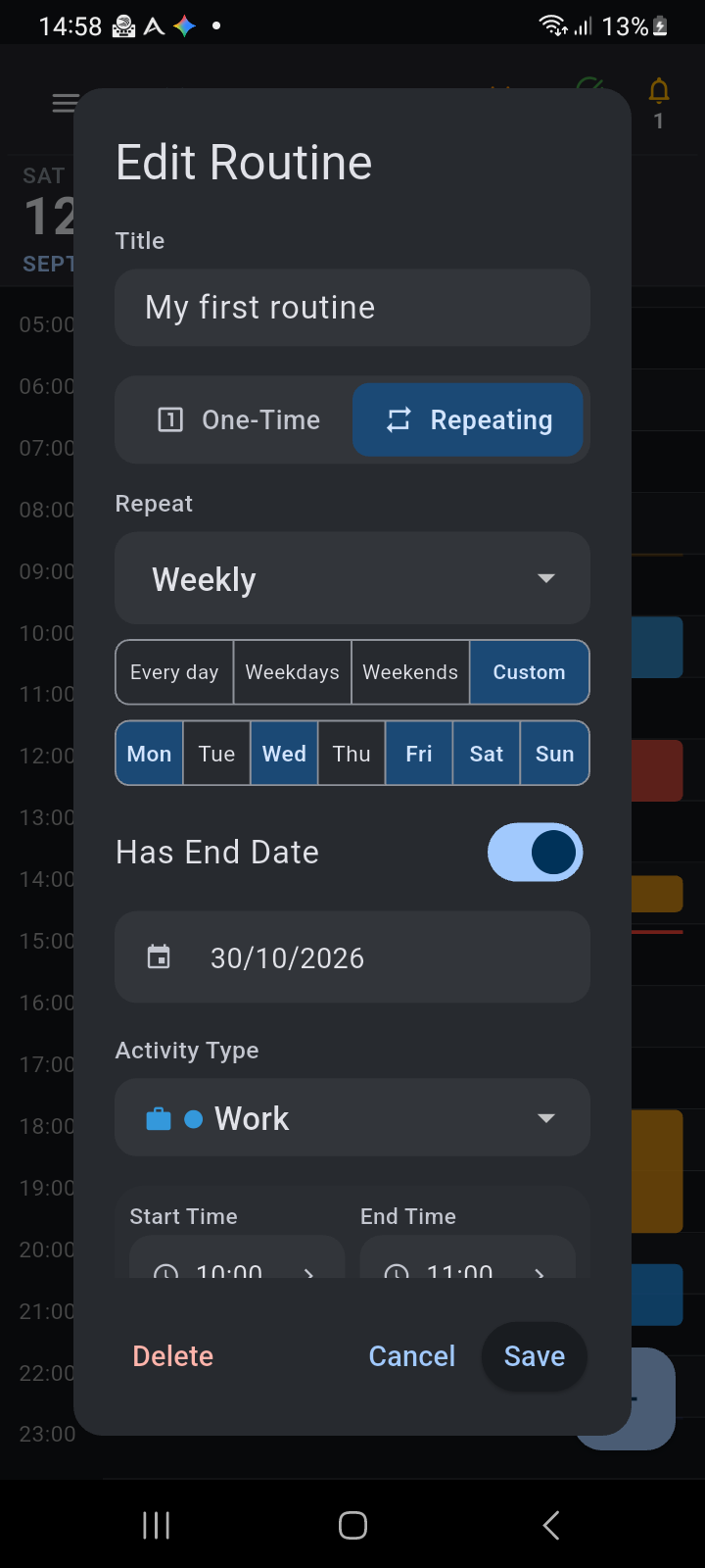 Ancora Edit Routine dialog displaying active recurrence rules, scheduled times, activity category, and action buttons