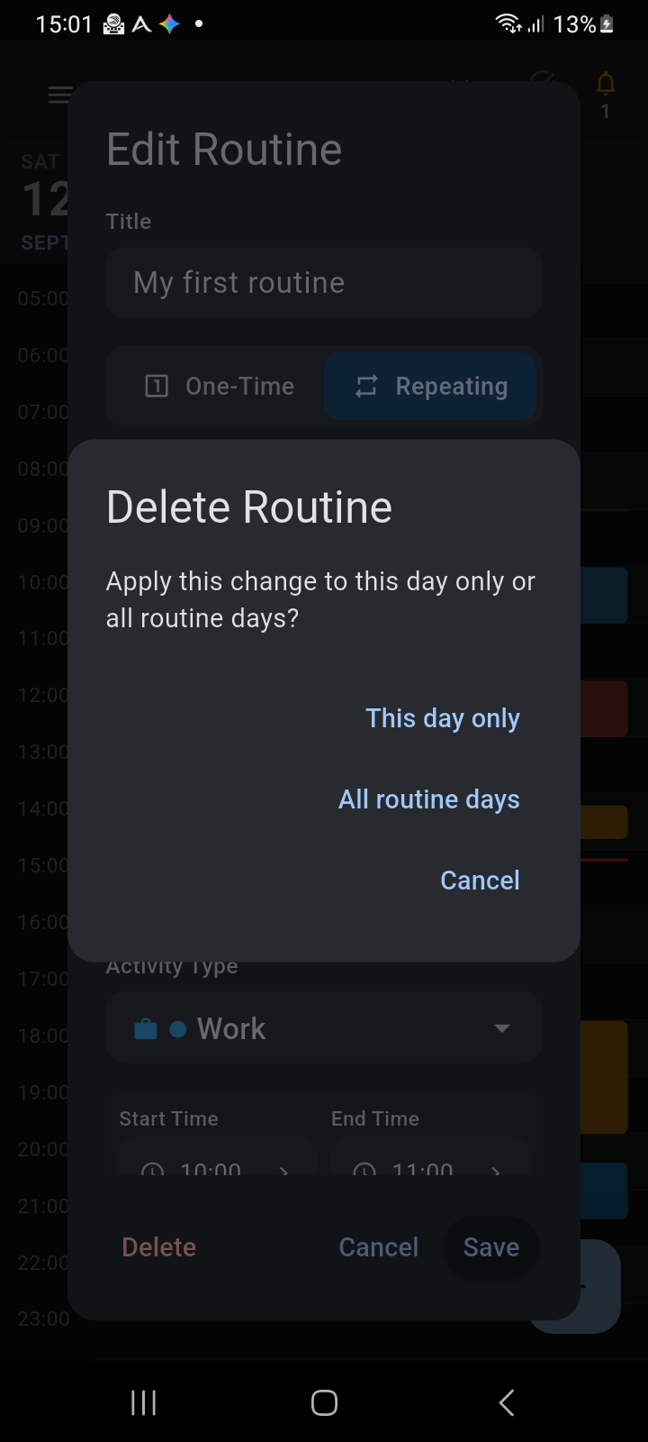 Ancora scope selection prompt asking whether changes apply to This day only or All routine days