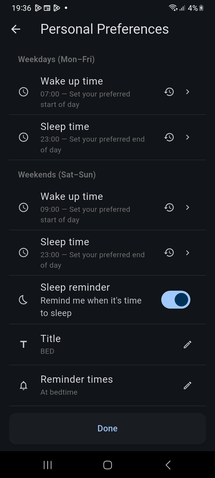 Personal Preferences screen displaying weekday and weekend circadian wake-up and sleep schedule configuration