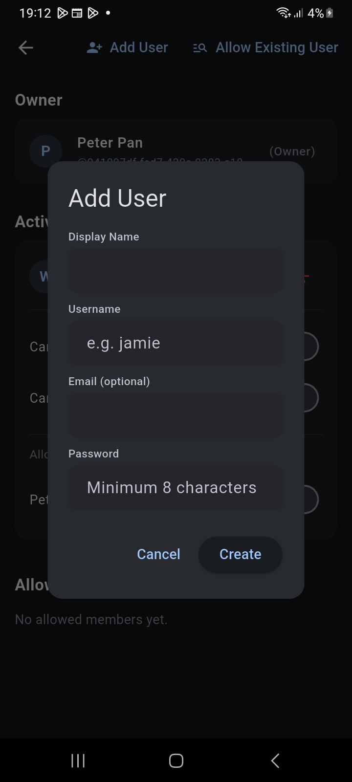 Add User modal dialog for provisioning a dependent household member