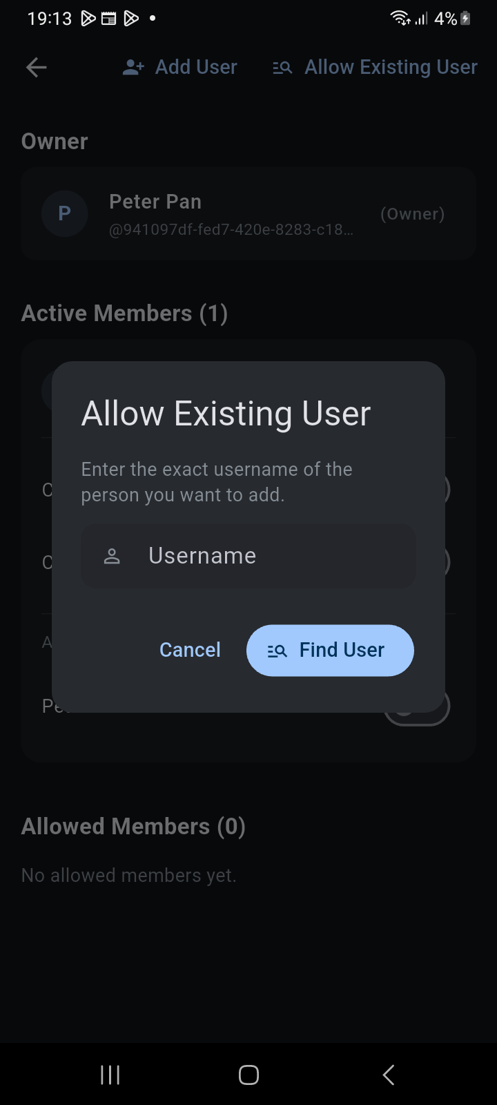 Allow Existing User modal dialog for inviting registered users by exact username