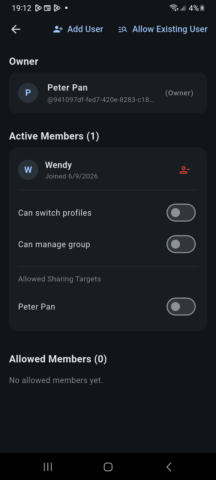 Group Management screen displaying Allowed Sharing Targets whitelist toggles under an active member card