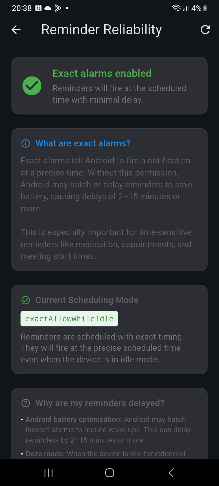 Reminder Reliability screen displaying Exact alarms enabled status card and Current Scheduling Mode