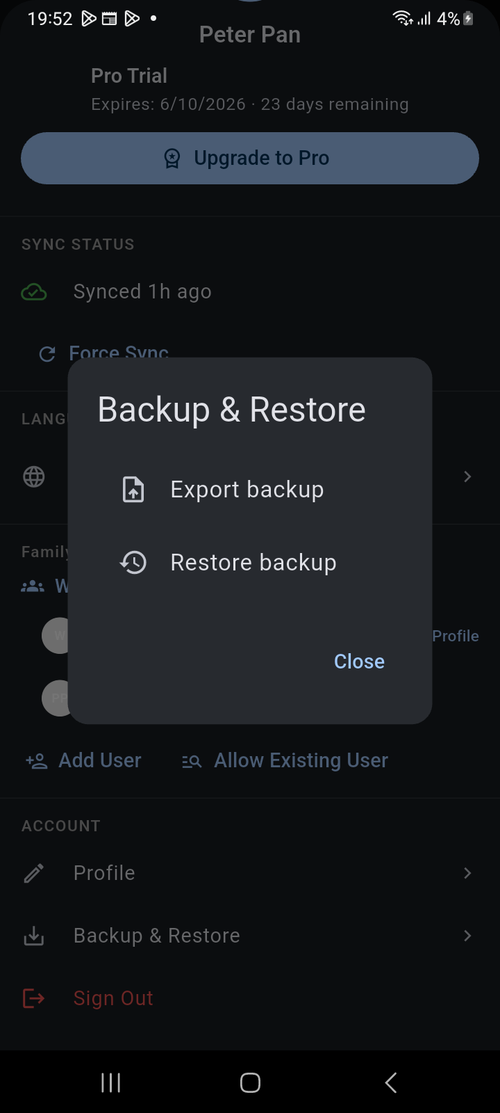 Backup & Restore modal dialog showing Export backup and Restore backup options for disaster recovery